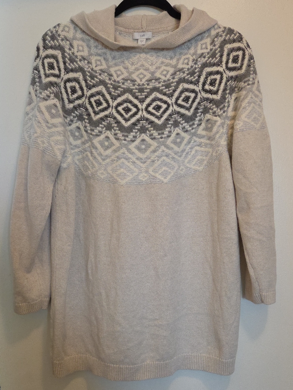 J. Jill Cream and Gray Fair Isle Hooded Tunic Sweater